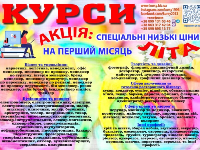 Курситокар, кухар, зварник, електрик, слюсар, перукар, маляр
